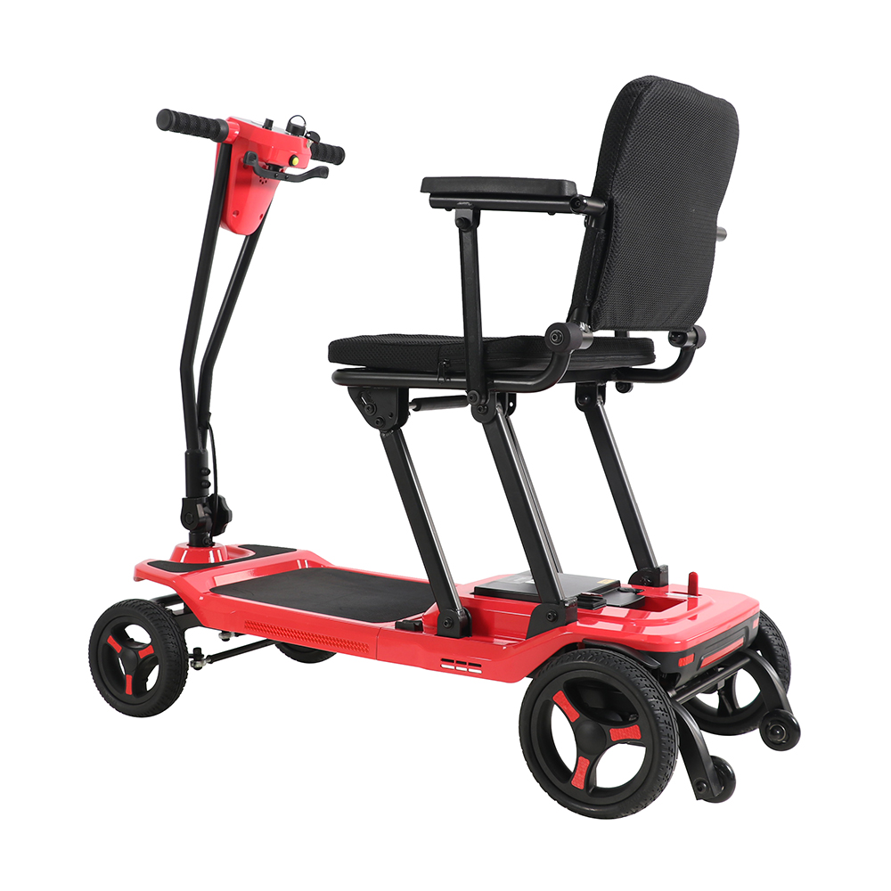 Mobility scooter equipped with solid tires driving on outdoor pavement